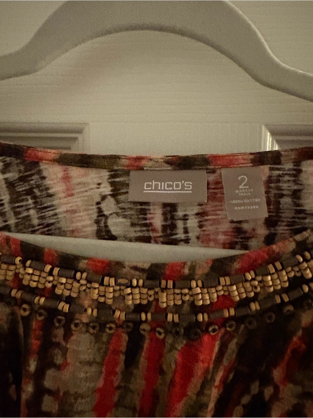 Chico's Striped Velvet Long-Sleeve Top with Beaded Neckline — Red, Brown, Cream - Picture 2 of 2